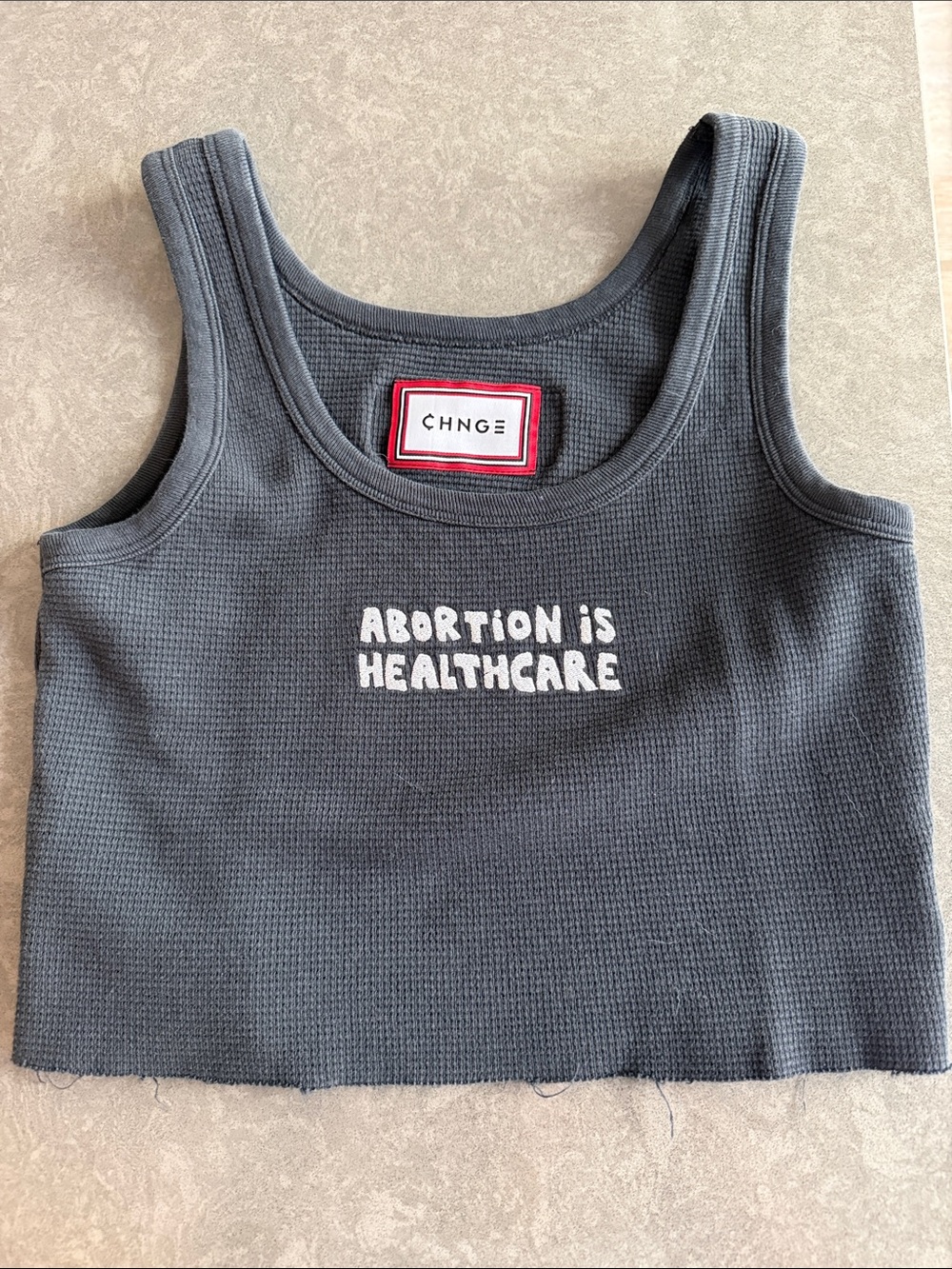 CHNGE Dark Charcoal Ribbed Cropped Tank with White Graphic